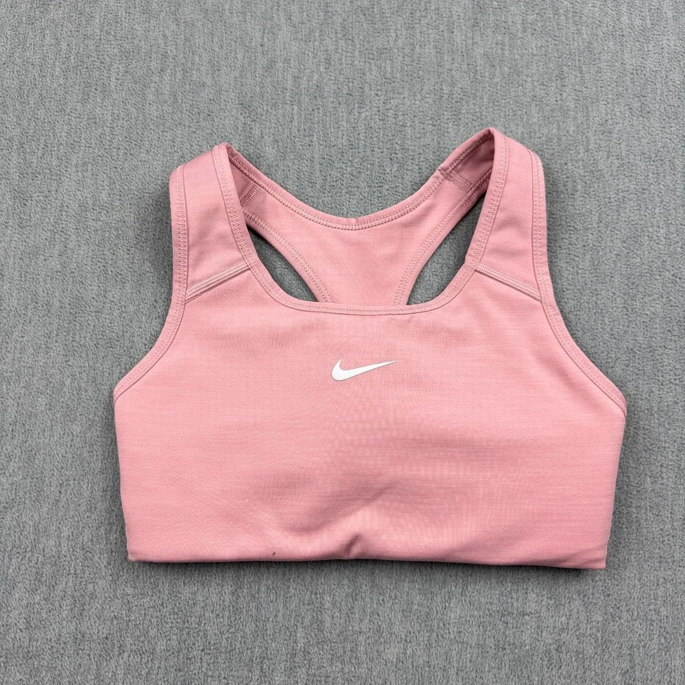 Nike Sports Bra Womens XS Pink Swoosh Medium Support Padded Gym Yoga Running Top